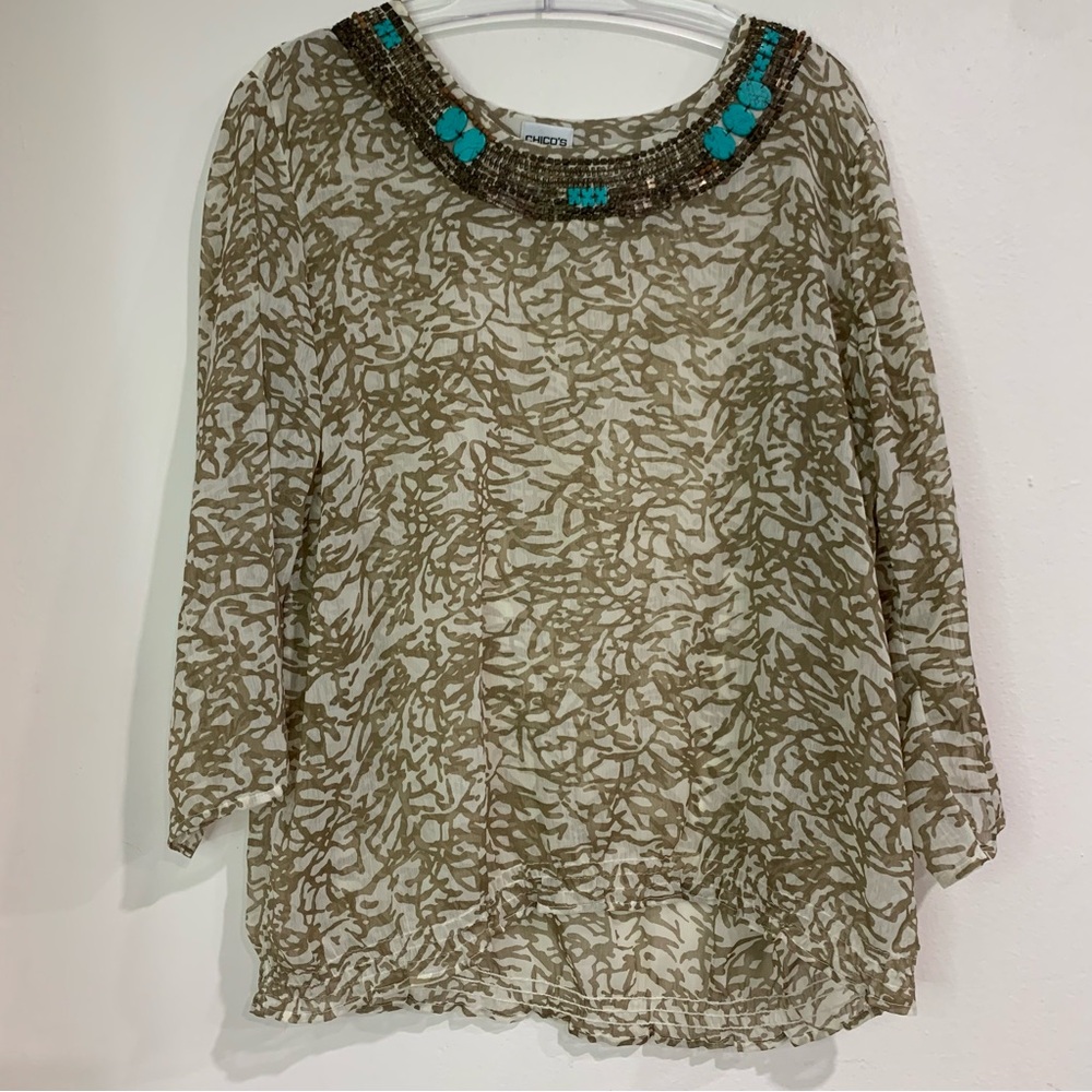 Chico's Sheer Blouse with Metal & Turquoise Accents around neckline Size XL/16